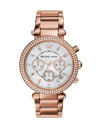 Shop Michael Kors Women's Parker Pavé Mother-of-pearl & Rose Goldtone Stainless Steel Chronograph Bracelet Watch