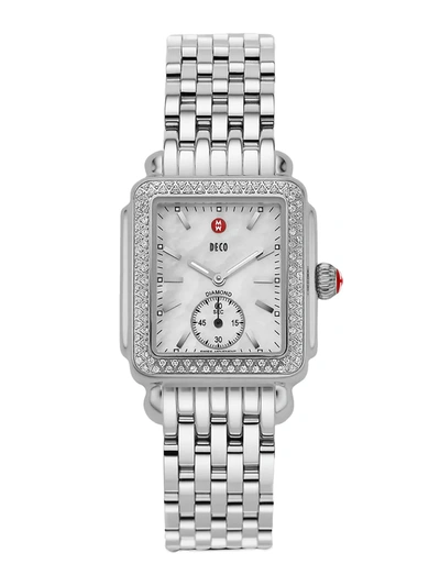 Shop Michele Deco 16 Diamond, Mother-of-pearl & Stainless Steel Bracelet Watch In Silver
