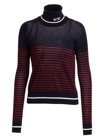 Shop N°21 Metallic Striped Virgin Wool Turtleneck Sweater In Classic Blue