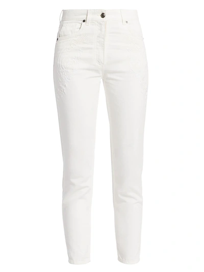 Shop Etro Scroll Paisley Embroidered Cropped Skinny Jeans In White