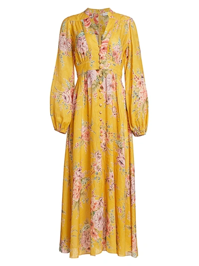 Shop Zimmermann Zinnia Linen Maxi Puff-sleeve Dress In Golden Floral