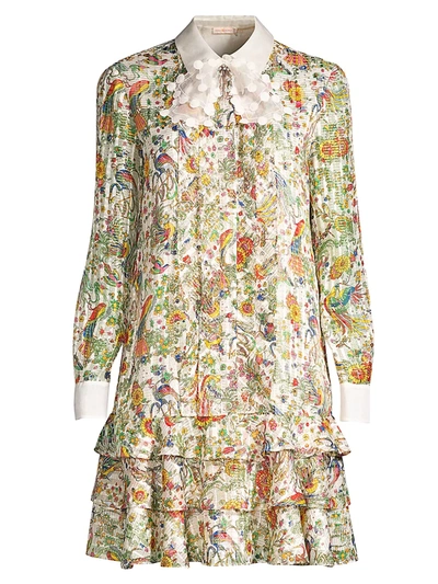 Shop Tory Burch Women's Floral-print Stretch-silk Shift Shirtdress In New Ivory