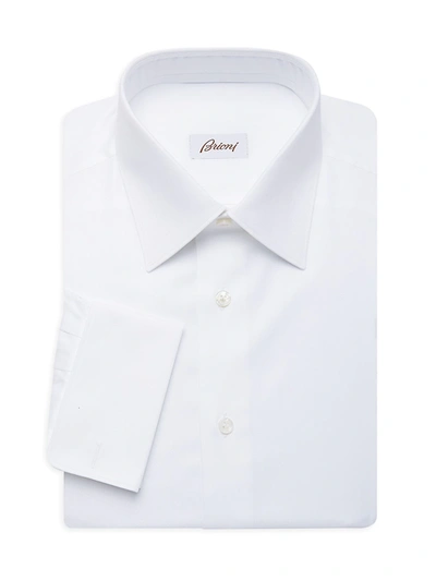 Shop Brioni Men's Herringbone Dress Shirt In White