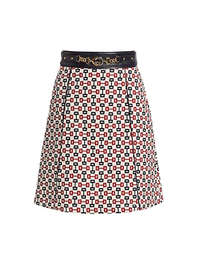 Shop Gucci Women's Printed Cotton Canvas A-line Skirt With Leather Waist & Buckle Belt In Ivory Blue Red