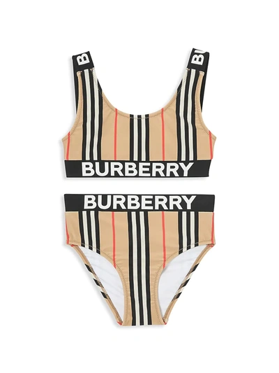 Shop Burberry Little Girl's & Girl's Kg7 Liana Stripe & Logo 2-piece Bikini Set In Beige
