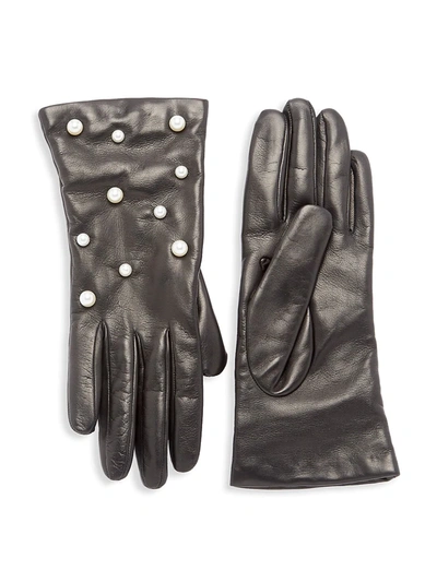 Shop Carolyn Rowan Women's Scattered Faux-pearl Leather Gloves In Black