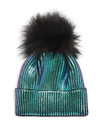 Shop Adrienne Landau Fox Fur Pom-pom Metallic Knit Beanie In Green