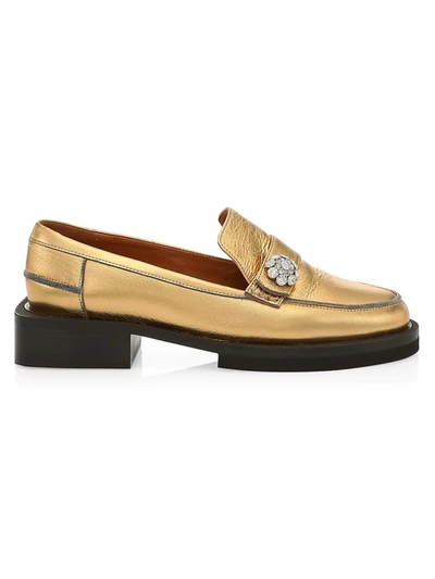 Shop Ganni Women's Jewel-embellished Metallic Leather Loafers In Gold