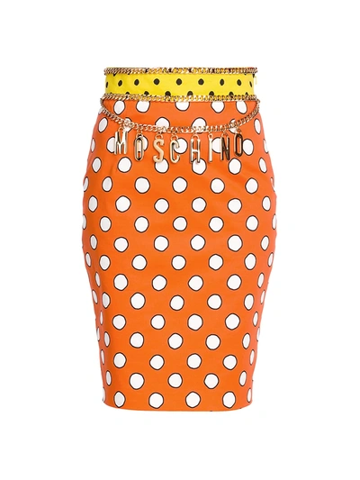 Shop Moschino Dotted Chain Pencil Skirt In Orange