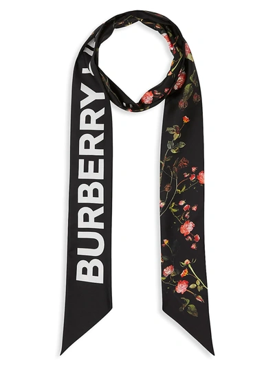 Shop Burberry Roses & Horseferry-print Skinny Silk Scarf In Black