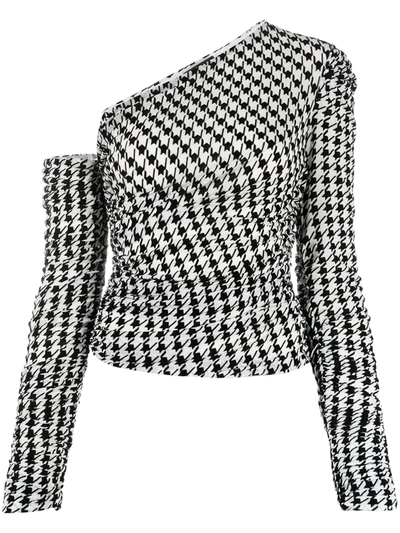 Shop David Koma Houndstooth-print One-shoulder Top In White