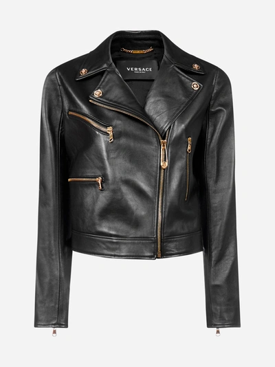Shop Versace Leather Biker-style Jacket In Black