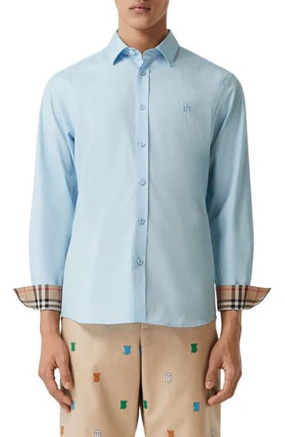 Shop Burberry Sherwood Monogram Motif Slim Fit Stretch Poplin Button-up Shirt In Pale Blue