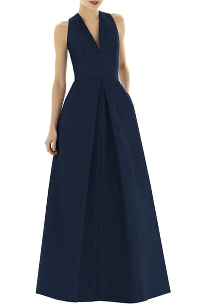 Shop Alfred Sung Dupioni Pleat A-line Gown In Midnight