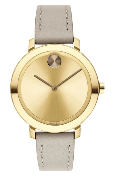 Shop Movado Bold Leather Strap Watch, 34mm In Khaki/ Gold