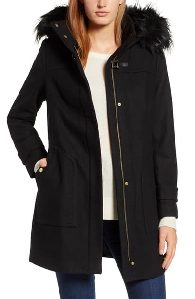 Wool blend twill duffle jacket with faux fur best sale trim