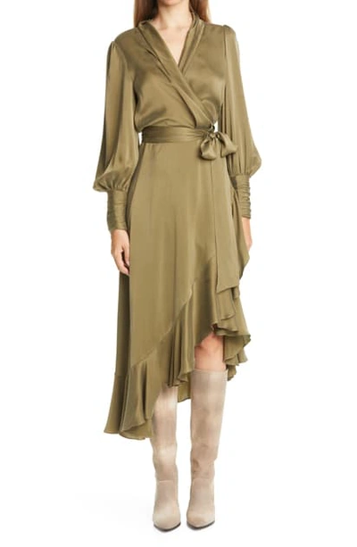 Shop Zimmermann Long Sleeve Silk Satin Wrap Dress In Fennel