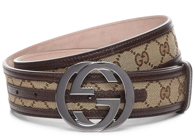 Pre-owned Gucci  Interlocking G Belt Supreme Gg Striped Leather Dark Brown/beige
