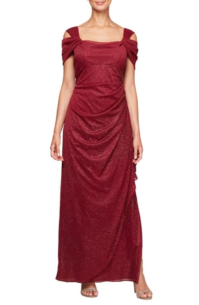 Shop Alex Evenings Cold Shoulder Ruffle Glitter Gown In Wine