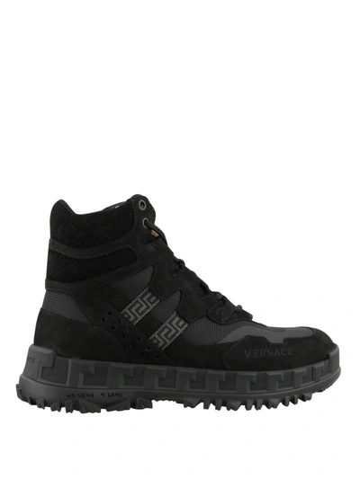 Shop Versace Suede And Fabric Hiking Boots In Black