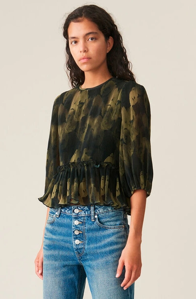 Shop Ganni Pleated Georgette Blouse In Olive Drab