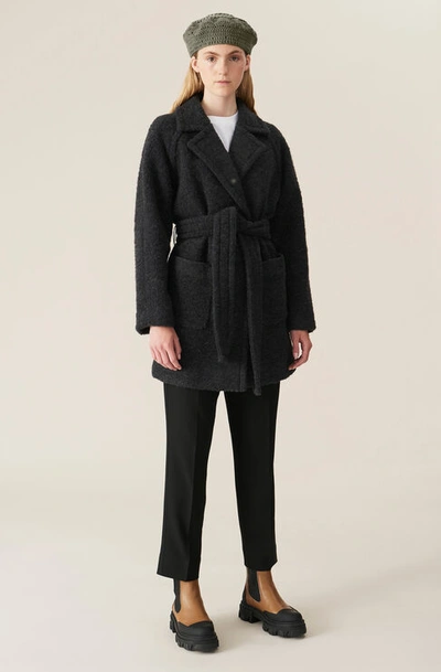 Shop Ganni Boucle Wool Wrap Coat In Phantom