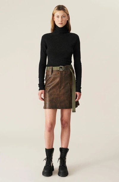 Shop Ganni Washed Leather Mini Skirt In Cognac