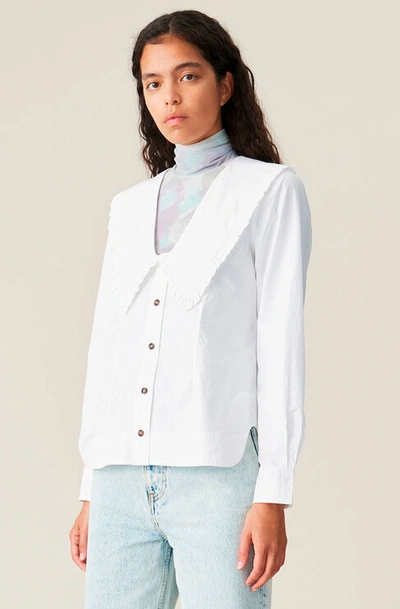 Shop Ganni Long Sleeve Cotton Poplin V-neck Frill Collar Shirt In Bright White