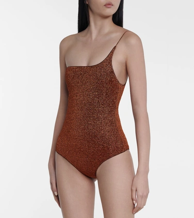 Shop Oseree Lumière One-shoulder Swimsuit In Brown