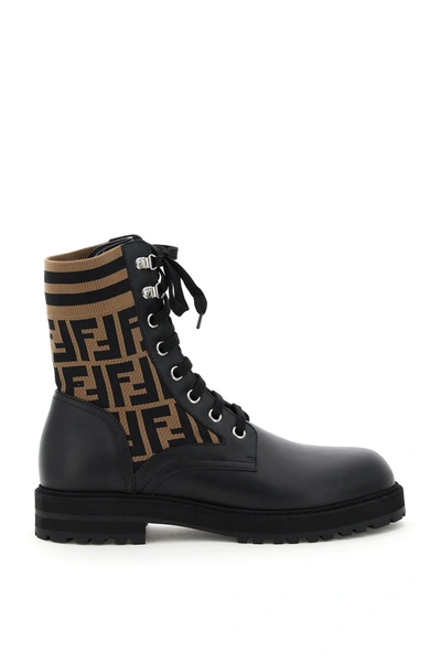 Shop Fendi Biker Boots Ff Knit In Nero Tabacco Nero