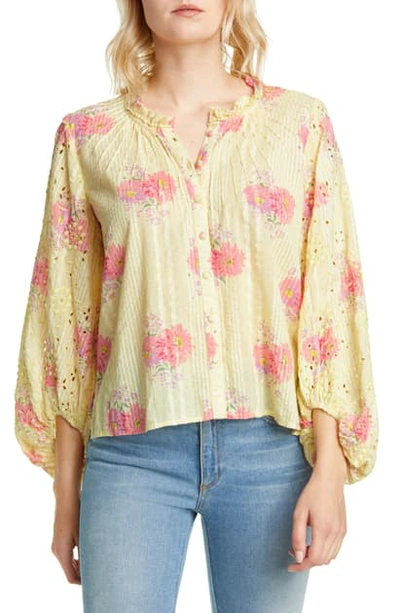 Shop Loveshackfancy Spectra Floral Blouson Sleeve Cotton Top In Mellow Yellow