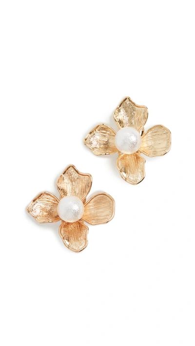 Shop Kenneth Jay Lane Flower Earrings In Gold/pearl
