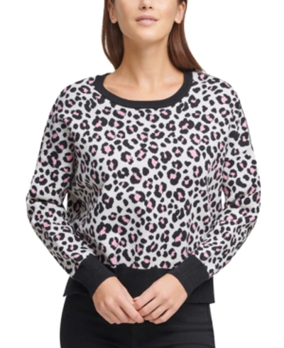 Shop Dkny Leopard Crewneck Contrast Trim Sweater In Ivory Black Pink Icing