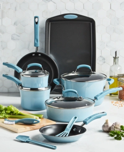 Shop Rachael Ray Classic Brights Hard Enamel Nonstick Cookware Set, 14-piece In Sky Blue