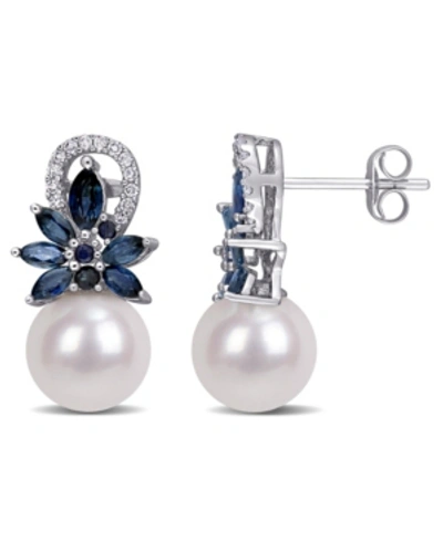 Shop Macy's Freshwater Cultured Pearl (9-9.5mm), Sapphire (1 5/8 Ct. T.w.) And Diamond (1/8 Ct. T.w.) Floral Ear In White
