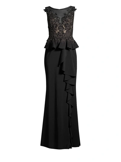 Shop Basix Black Label Women's Sleeveless Floral-lace Peplum Gown In Black