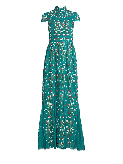 Shop Alice And Olivia Women's Arwen Floral-embroidered Cap Sleeve A-line Gown In Teal Multi