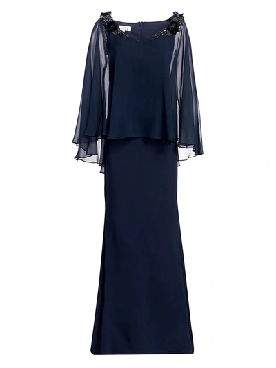 Shop Teri Jon By Rickie Freeman Women's Embellished Silk Chiffon Cape Sleeve & Crepe Gown In Navy