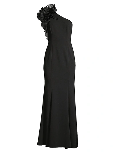 Shop Aidan Mattox Women's Organza Ruffle One-shoulder Gown In Black