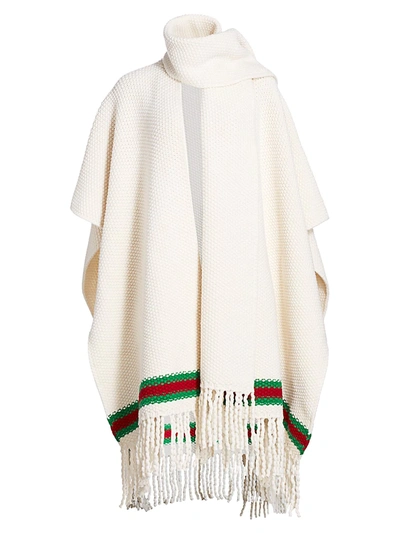 Shop Gucci Women's Wool Moss Stitch Wrap Cape With Green & Red Stripe In Ivory Green