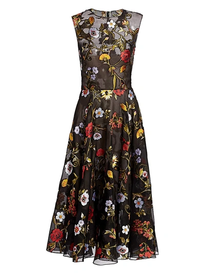 Shop Oscar De La Renta Women's Ikat Floral-embroidered Tulle A-line Dress In Black Multi