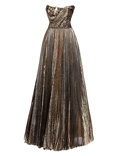 Shop Oscar De La Renta Women's Metallic Plissé Floral Appliqué Strapless A-line Ball Gown In Dark Gold