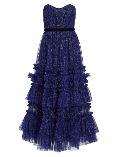 Shop Marchesa Notte Women's Glitter Tulle Strapless Tea-length Gown In Royal