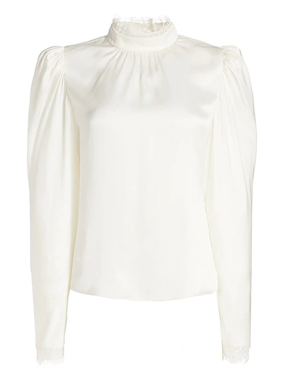 Shop Frame Lace-trim Puff-sleeve Silk Top In Off White