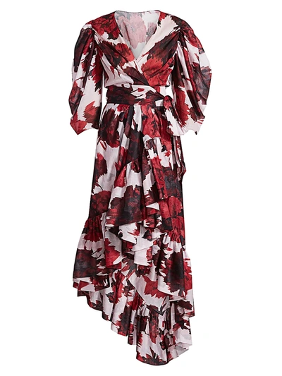 Shop Alexandre Vauthier Women's Floral Puff-sleeve Wrap Midi Dress In Cherry