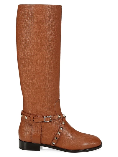 Shop Valentino Garavani Rockstud Leather Riding Boots In Selleria