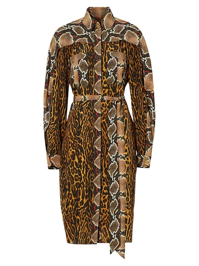 Shop Burberry Women's Leopard & Snakeskin-print Silk Shirtdress In Mustard