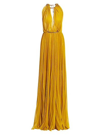 Shop Oscar De La Renta Women's Highneck Pleated Chain Gown In Ginger