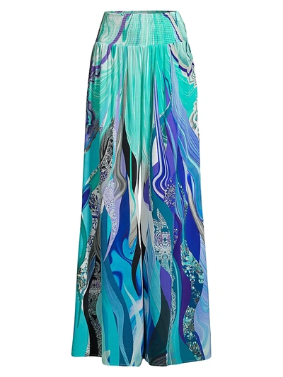 Shop Camilla Women's Mother Aquatic-print Smock-waist Silk Pants In Blue