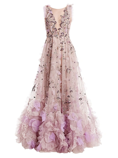 Shop Marchesa Women's Illusion V-neck 3d Appliqué Gown In Lavender